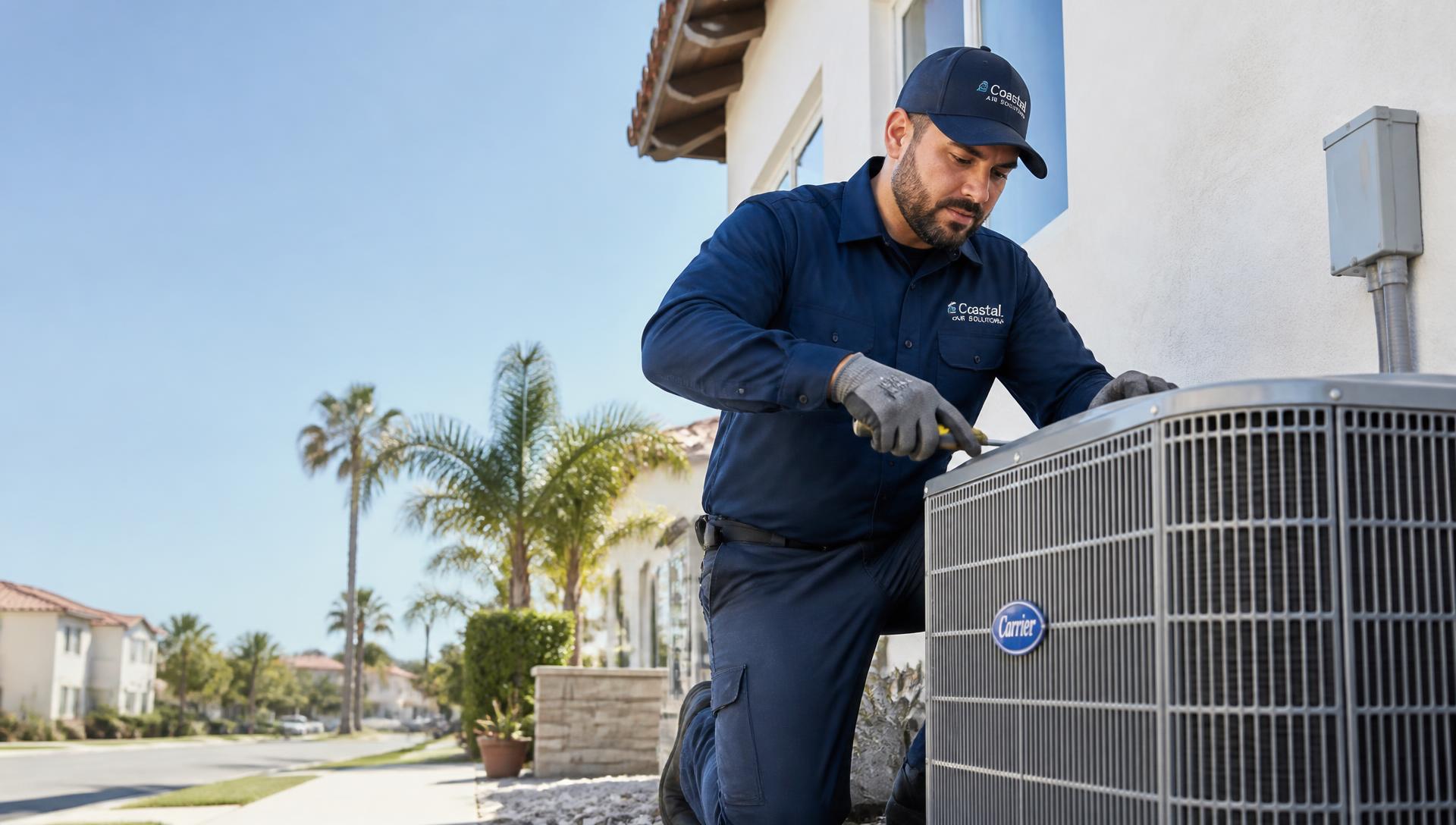 HVAC technician servicing an outdoor air conditioning unit at a San Fernando Valley home